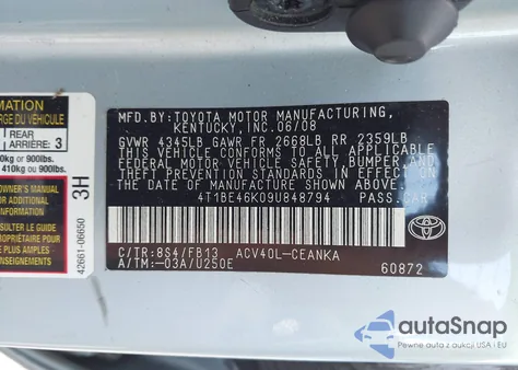 2009 Toyota Camry Le из США, поврежденный, VIN 4T1BE46K09U848794